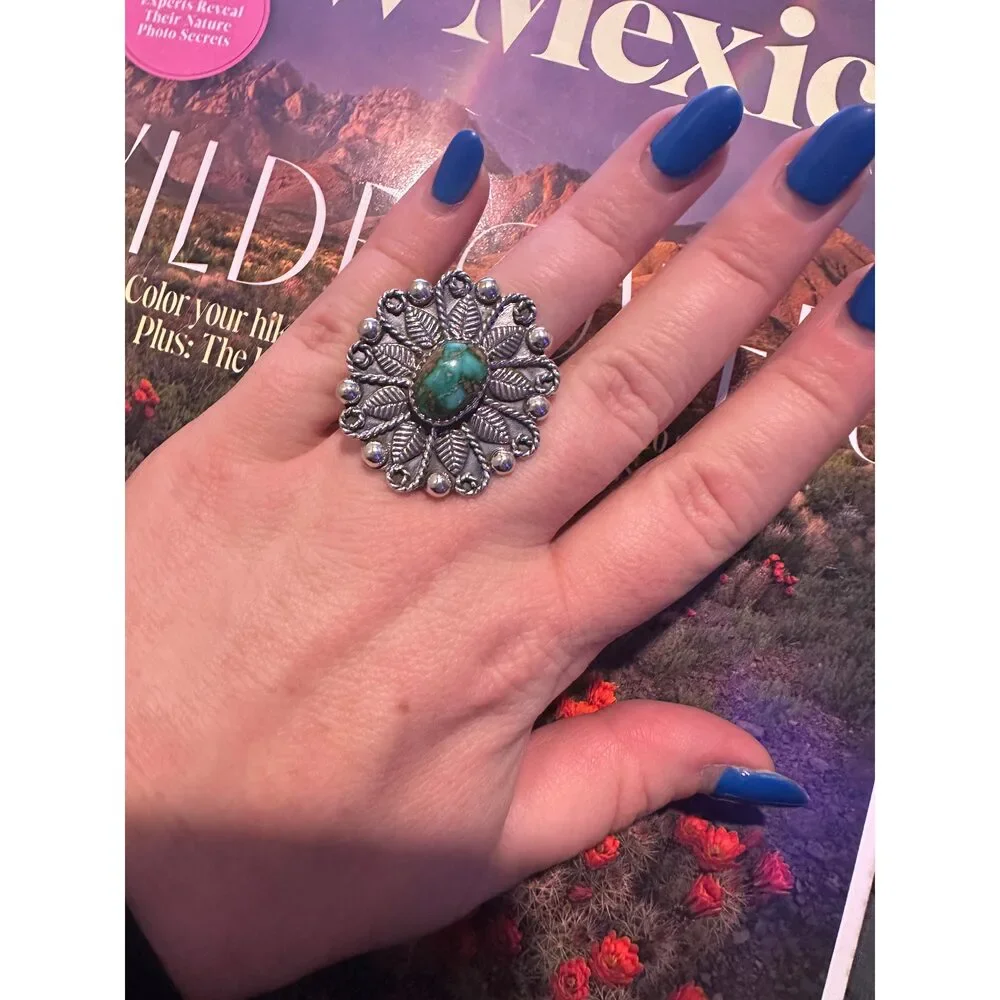 Handmade Sterling Silver Sonoran Mountain Turquoise Adjustable FLOWER Ring Sign - Picture 4 of 4